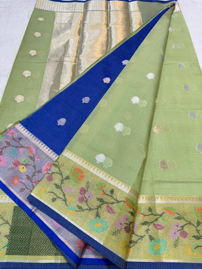 Pista Green Cotton Kota Paithani Border Premium Banarasi Saree