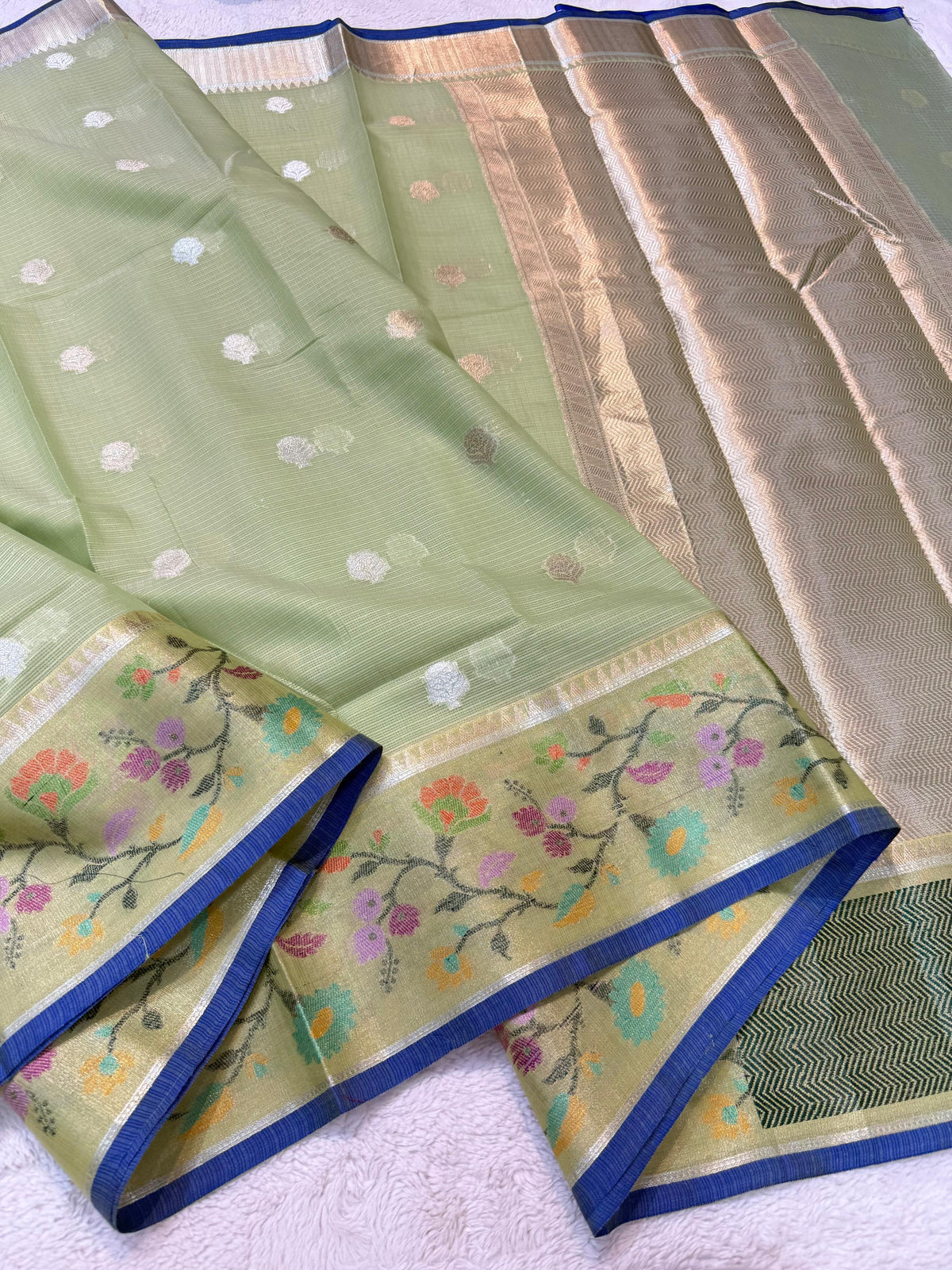 Pista Green Cotton Kota Paithani Border Premium Banarasi Saree
