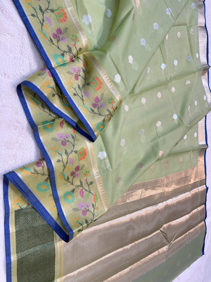 Pista Green Cotton Kota Paithani Border Premium Banarasi Saree