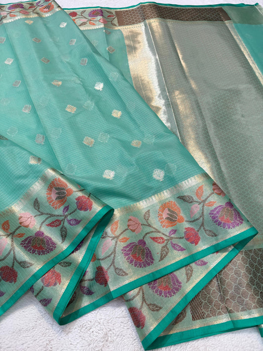 Mint Green Cotton Kota Paithani Border Premium Banarasi Saree