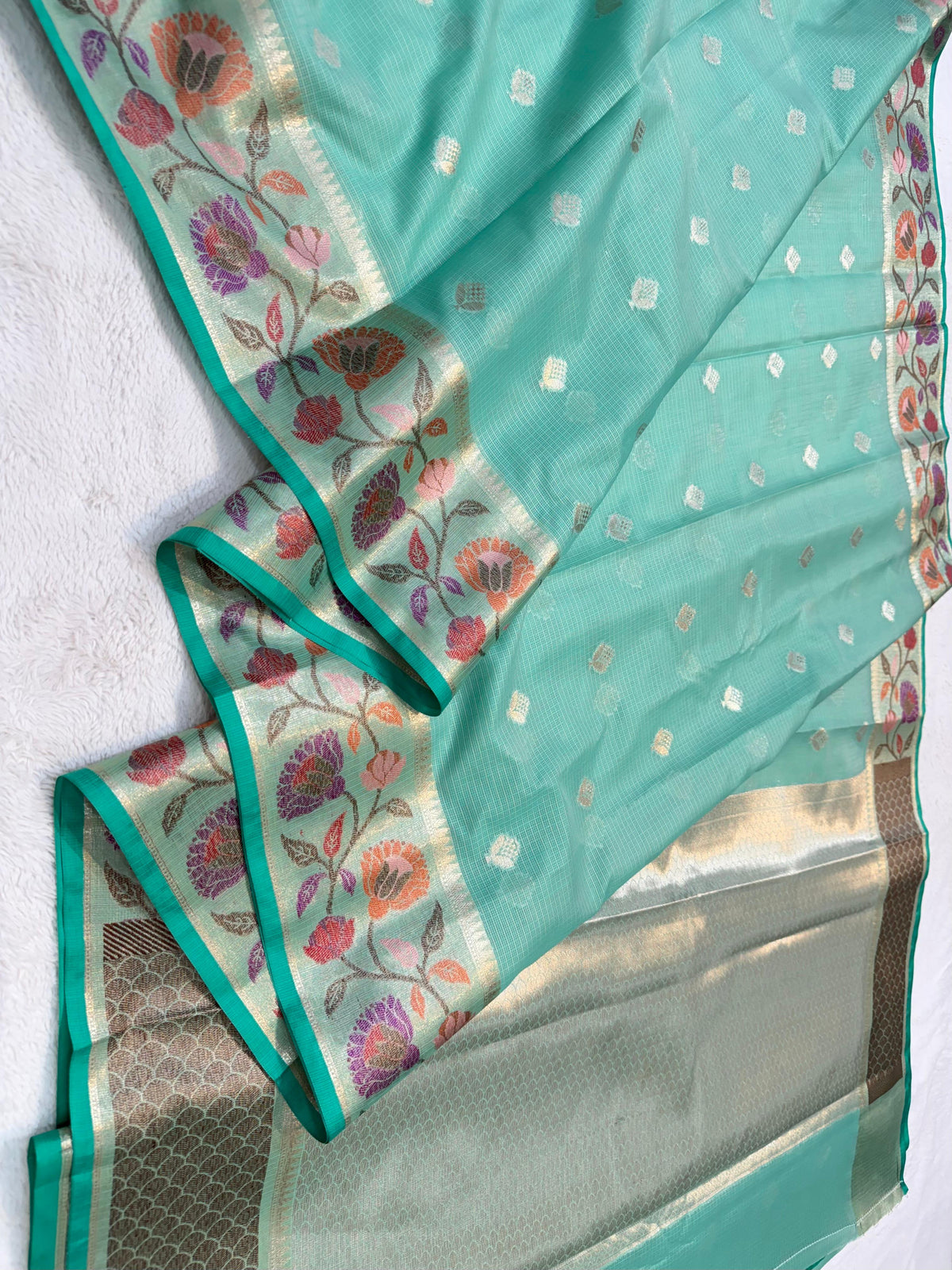 Mint Green Cotton Kota Paithani Border Premium Banarasi Saree