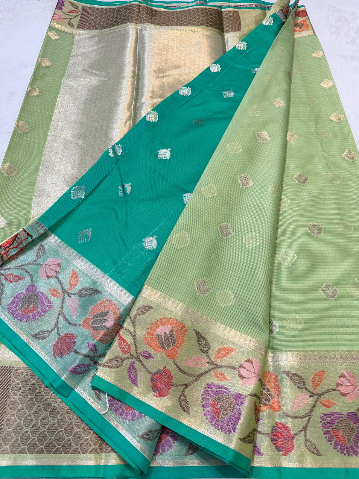 Pista Green Cotton Kota Paithani Border Premium Banarasi Saree