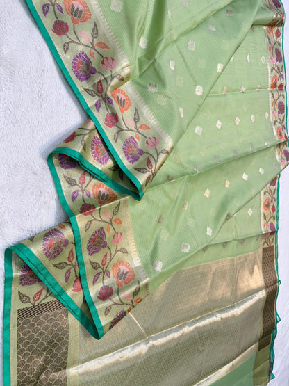 Pista Green Cotton Kota Paithani Border Premium Banarasi Saree