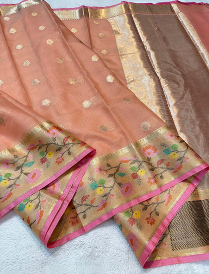 Peach Cotton Kota Paithani Border Premium Banarasi Saree