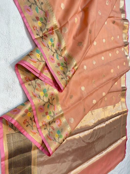Peach Cotton Kota Paithani Border Premium Banarasi Saree