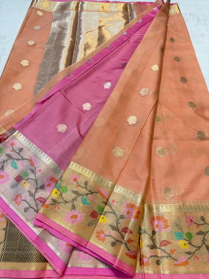 Peach Cotton Kota Paithani Border Premium Banarasi Saree