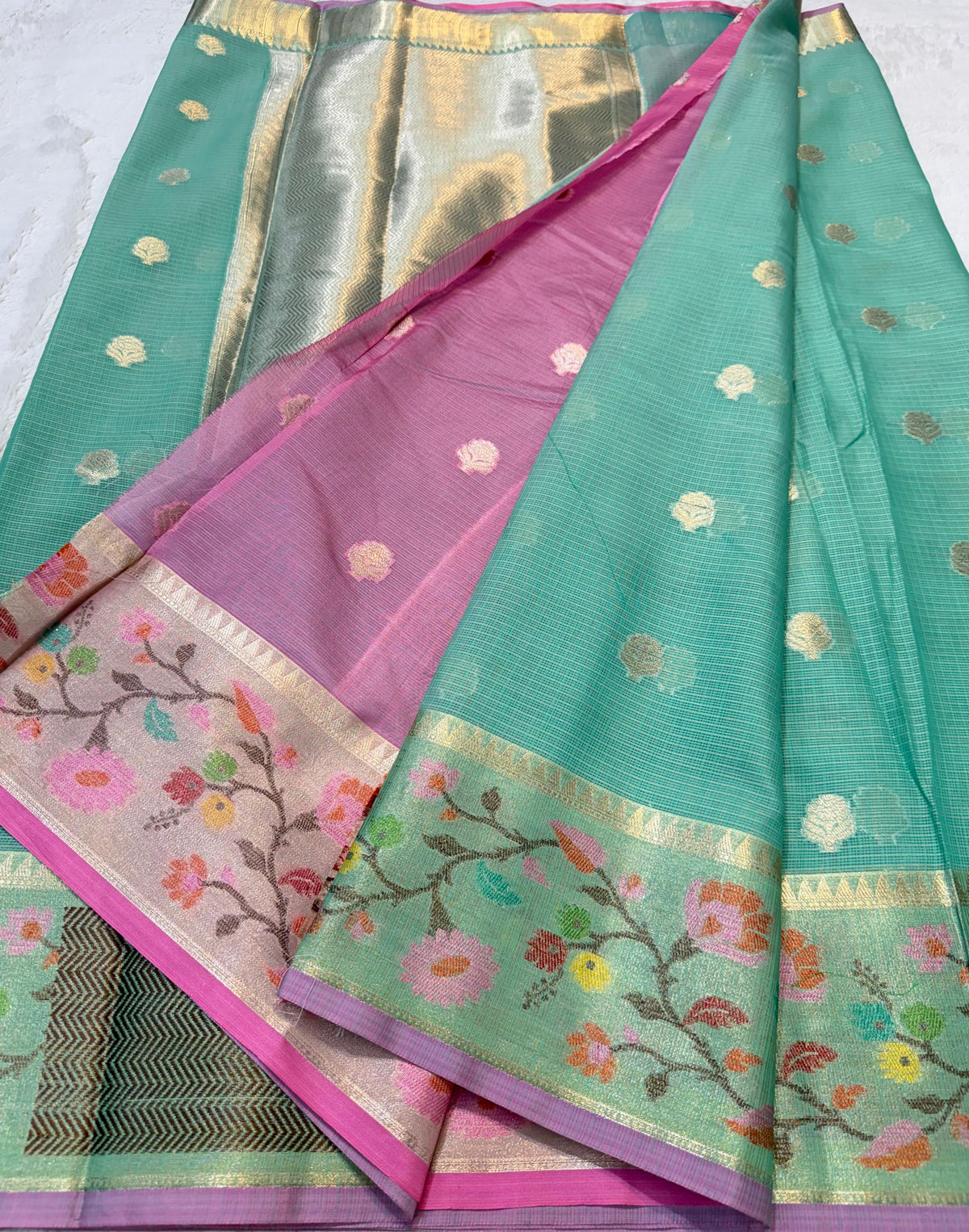 Mint Green Cotton Kota Paithani Border Premium Banarasi Saree
