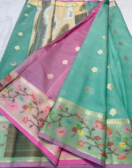 Mint Green Cotton Kota Paithani Border Premium Banarasi Saree