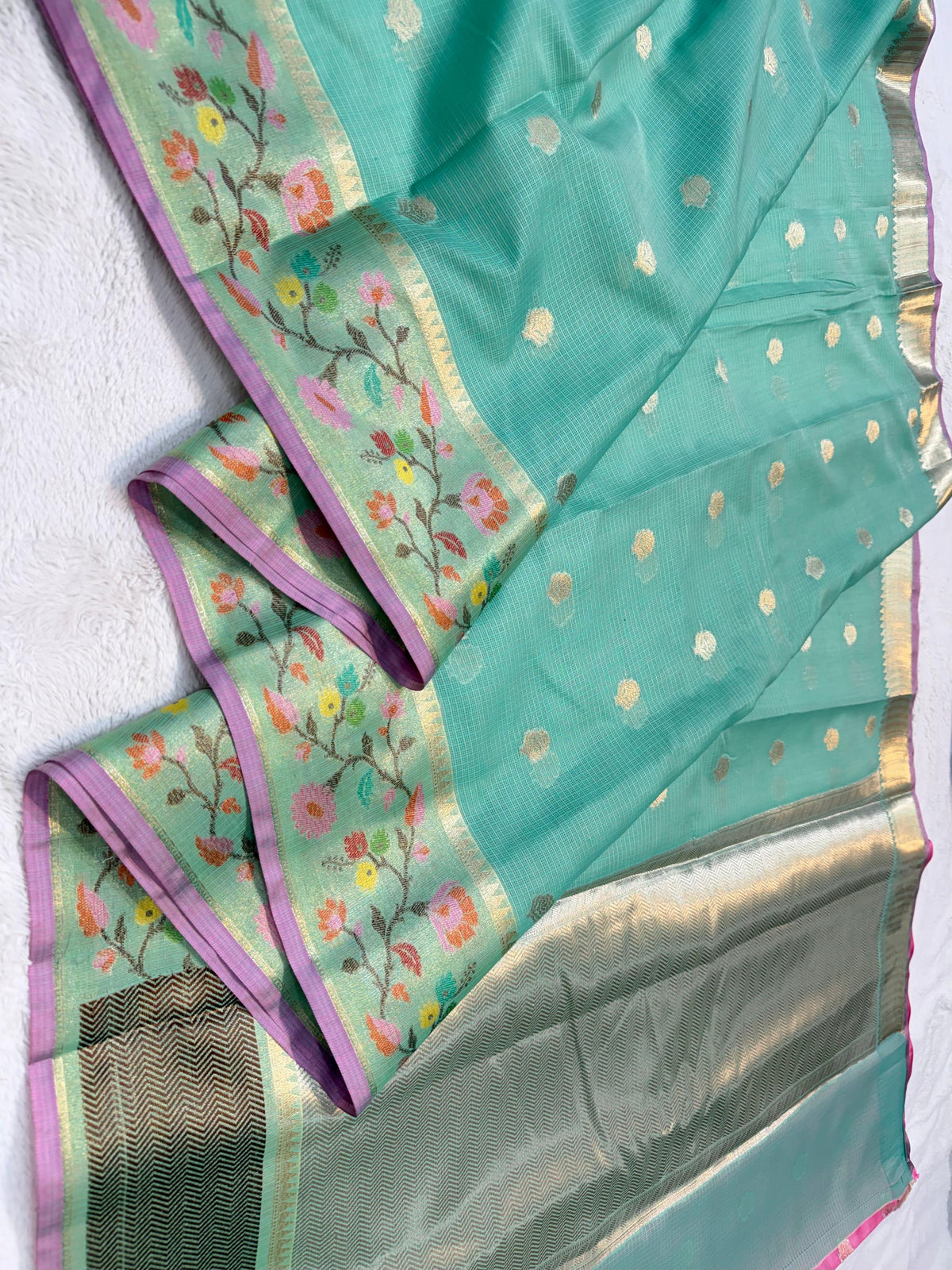 Mint Green Cotton Kota Paithani Border Premium Banarasi Saree