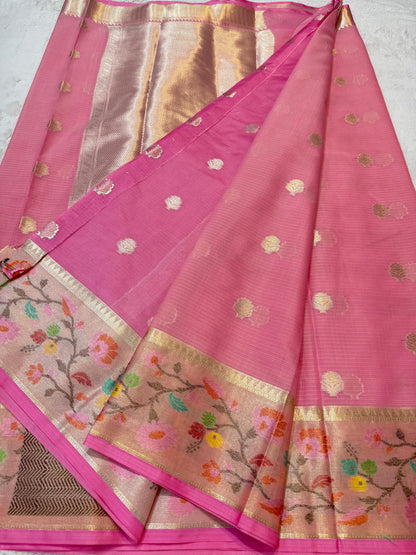 Pink Cotton Kota Paithani Border Premium Banarasi Saree