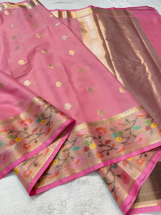 Pink Cotton Kota Paithani Border Premium Banarasi Saree