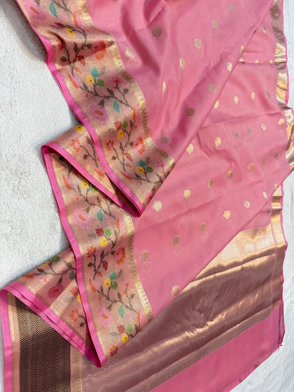Pink Cotton Kota Paithani Border Premium Banarasi Saree