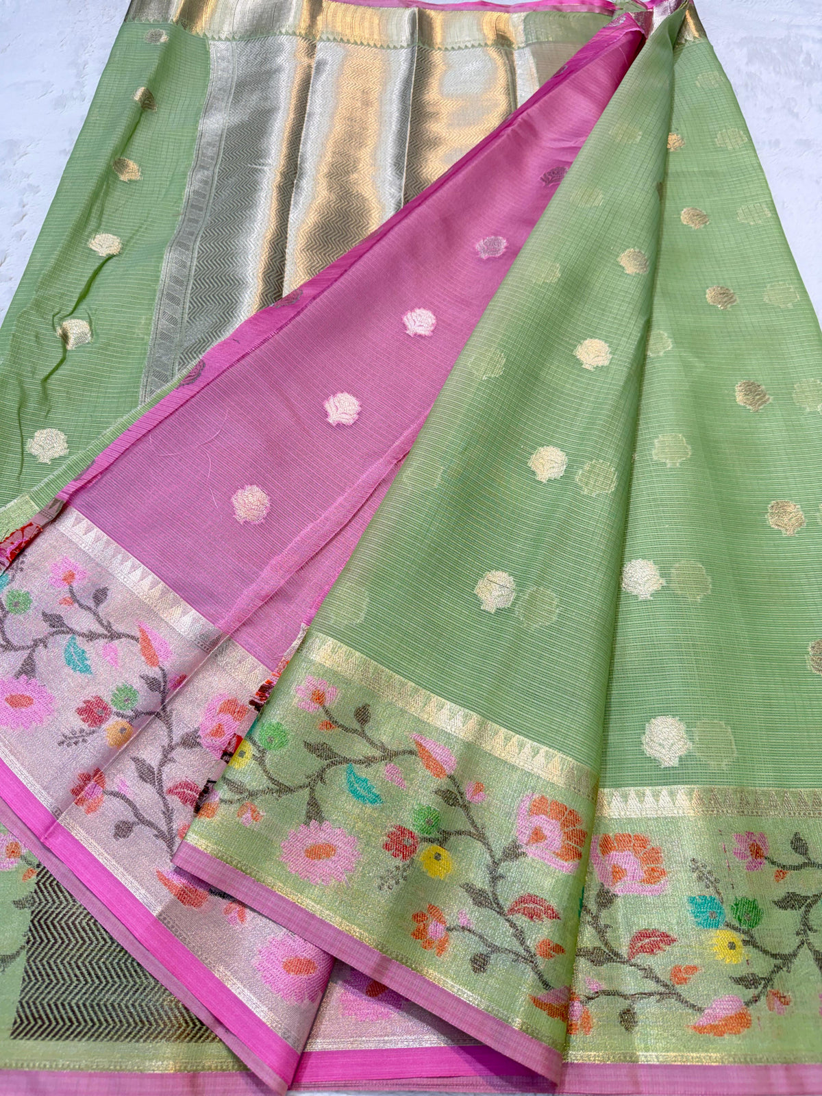 Pista Green Cotton Kota Paithani Border Premium Banarasi Saree