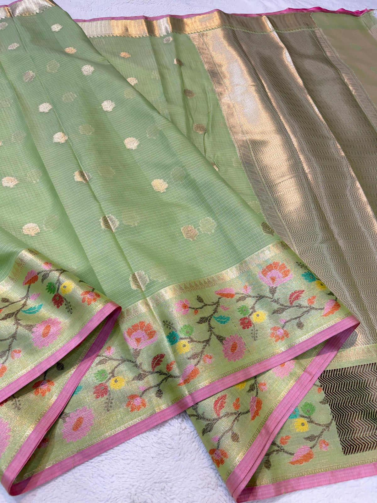 Pista Green Cotton Kota Paithani Border Premium Banarasi Saree