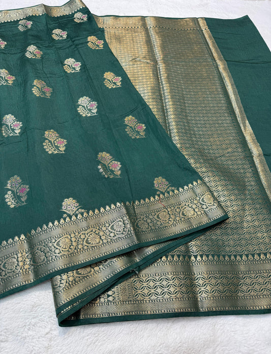 Bottle Green Raw Mango Premium Banarasi Saree