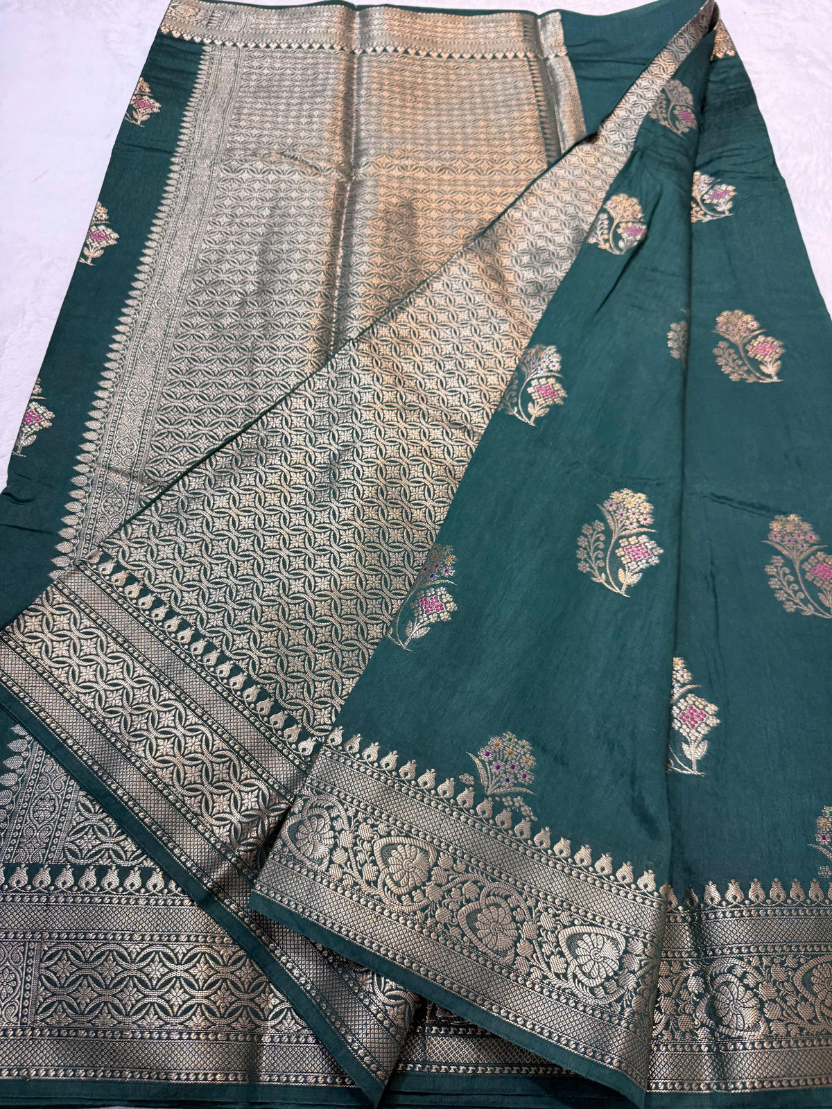 Bottle Green Raw Mango Premium Banarasi Saree