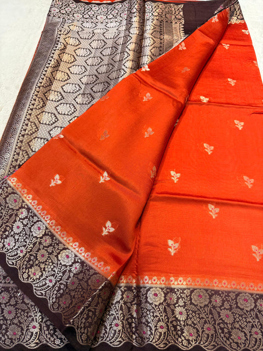 Orange Pure Mango Silk Premium Banarasi Saree