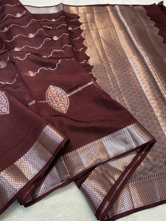 Brown Pure Mango Silk Premium Banarasi Saree