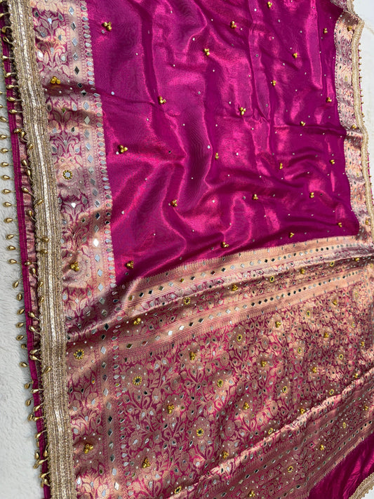 Magenta Tissue Ghungaroo Mirror Work Premium Banarasi Saree