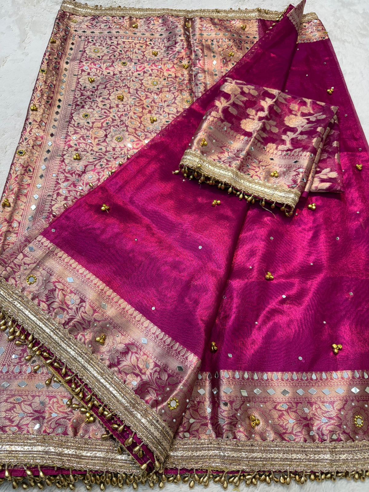Magenta Tissue Ghungaroo Mirror Work Premium Banarasi Saree