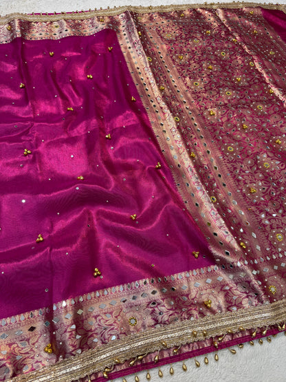 Magenta Tissue Ghungaroo Mirror Work Premium Banarasi Saree