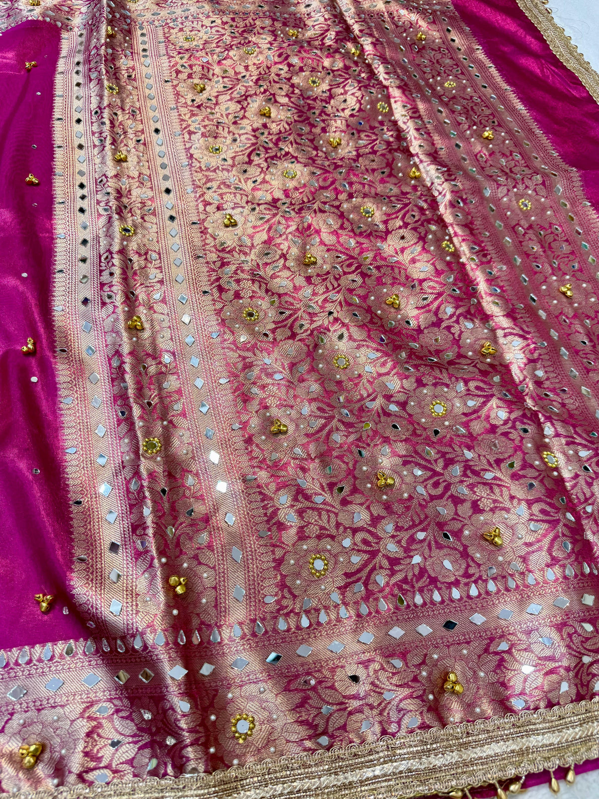 Magenta Tissue Ghungaroo Mirror Work Premium Banarasi Saree