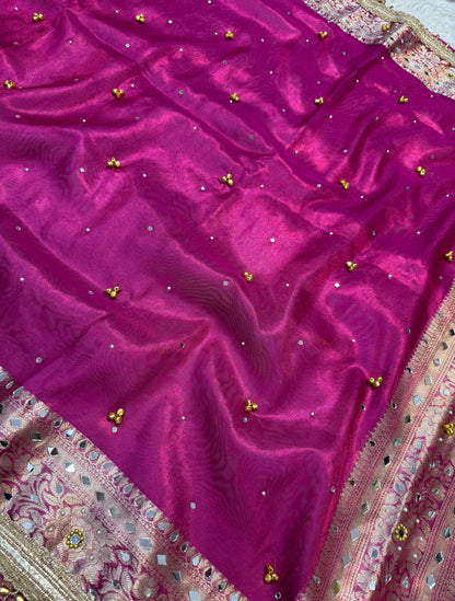 Magenta Tissue Ghungaroo Mirror Work Premium Banarasi Saree