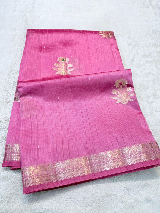 Pink Pure Mulberry Silk Zari Woven Buta With Resham Meena Banarasi Saree