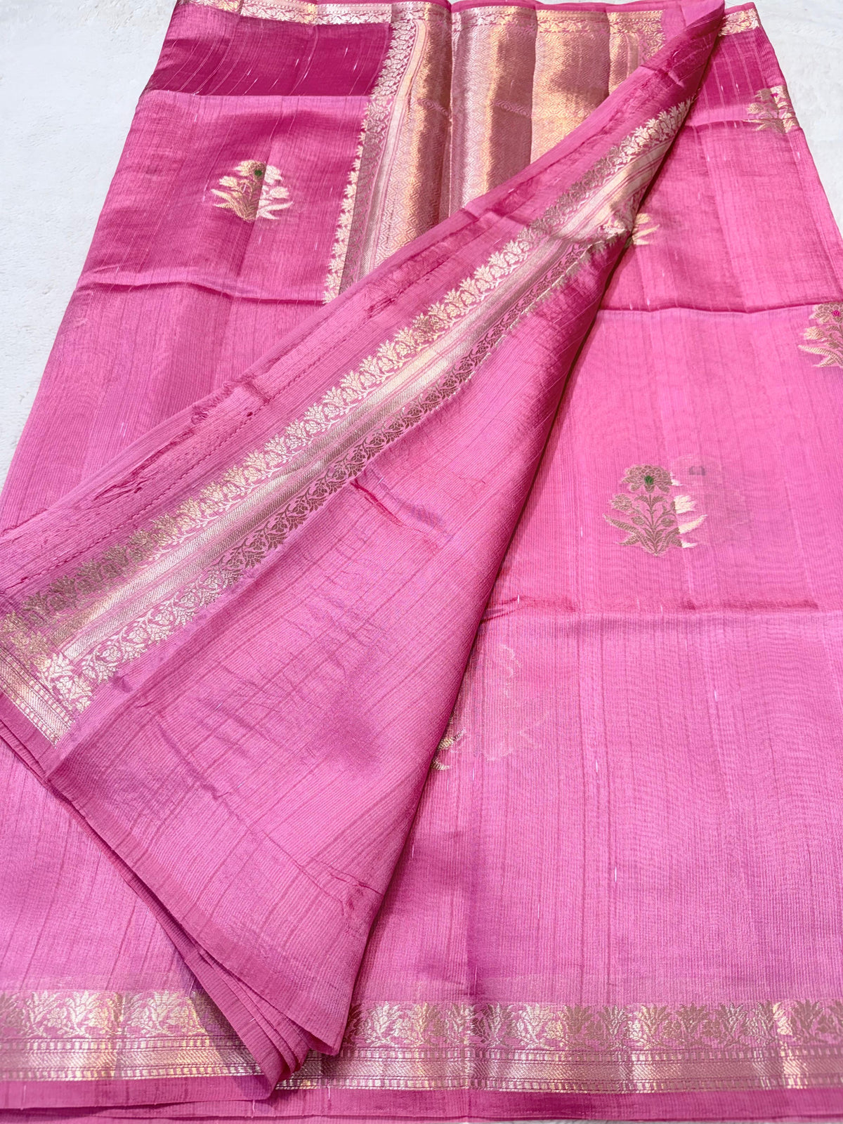 Pink Pure Mulberry Silk Zari Woven Buta With Resham Meena Banarasi Saree