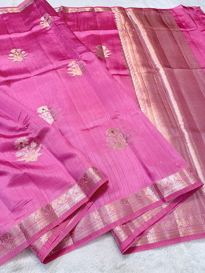 Pink Pure Mulberry Silk Zari Woven Buta With Resham Meena Banarasi Saree