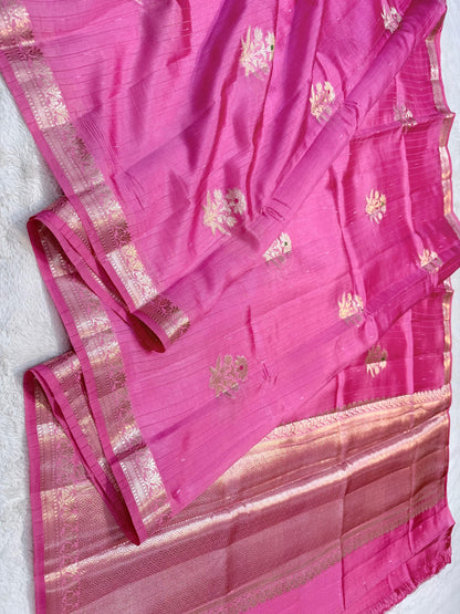 Pink Pure Mulberry Silk Zari Woven Buta With Resham Meena Banarasi Saree