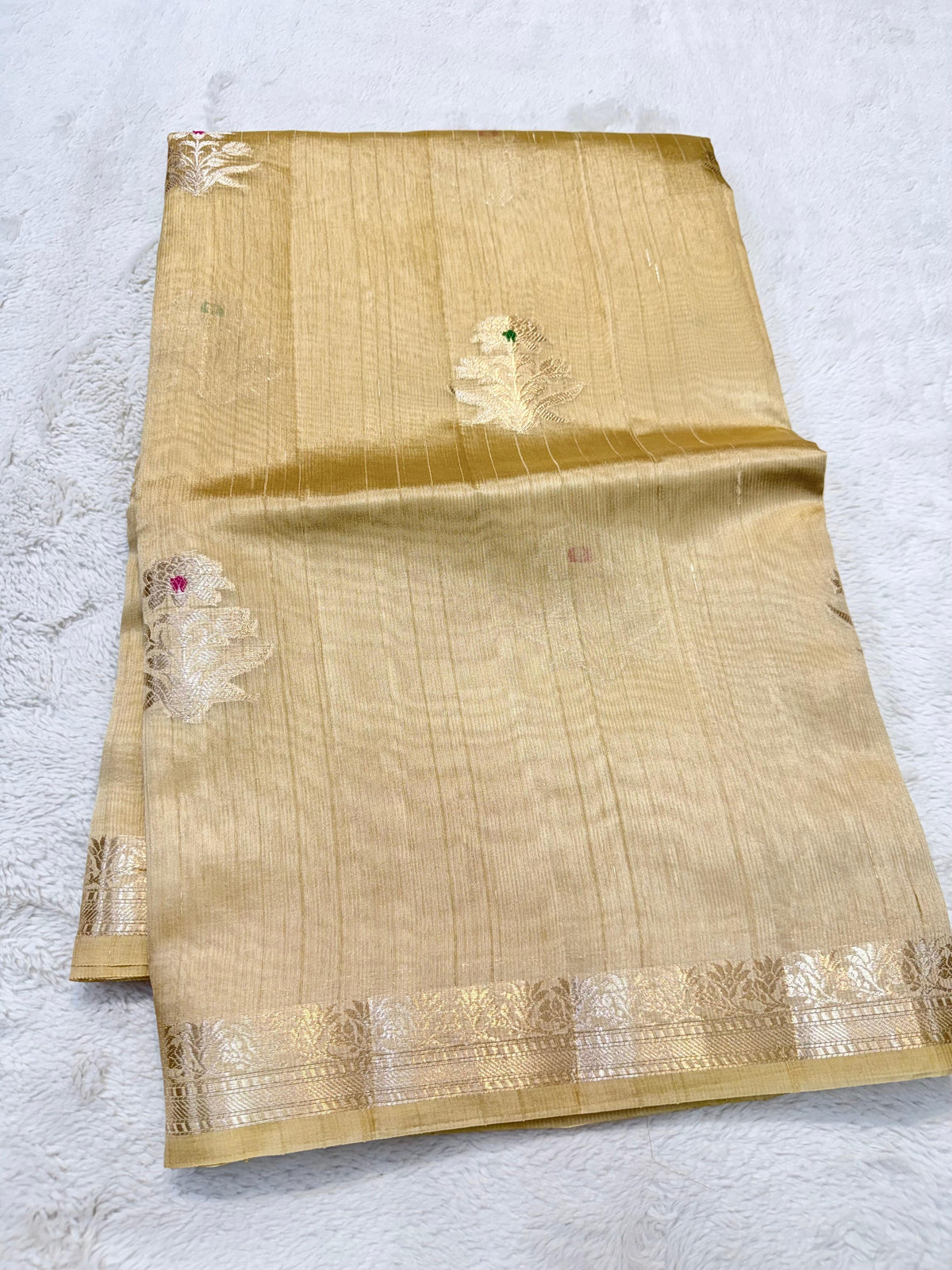 Beige Pure Mulberry Silk Zari Woven Buta With Resham Meena Banarasi Saree