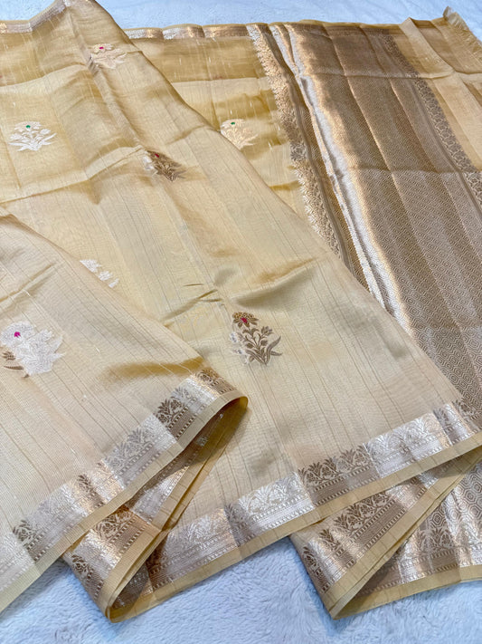 Beige Pure Mulberry Silk Zari Woven Buta With Resham Meena Banarasi Saree