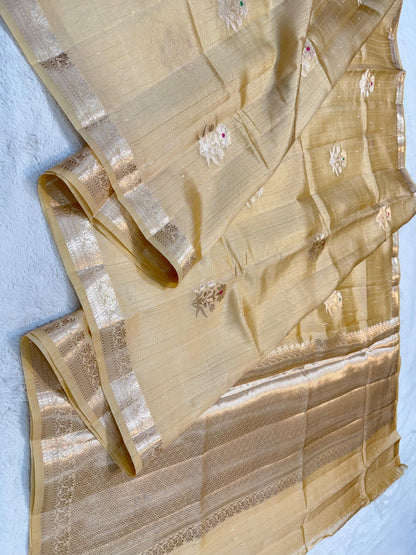 Beige Pure Mulberry Silk Zari Woven Buta With Resham Meena Banarasi Saree