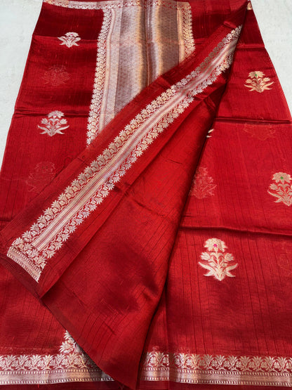 Maroon Pure Mulberry Silk Zari Woven Buta With Resham Meena Banarasi Saree