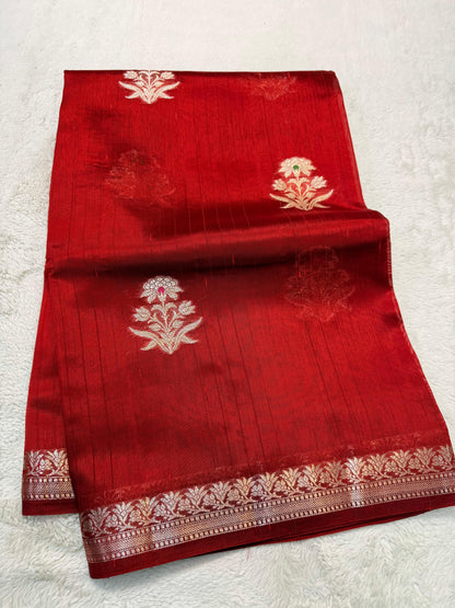 Maroon Pure Mulberry Silk Zari Woven Buta With Resham Meena Banarasi Saree