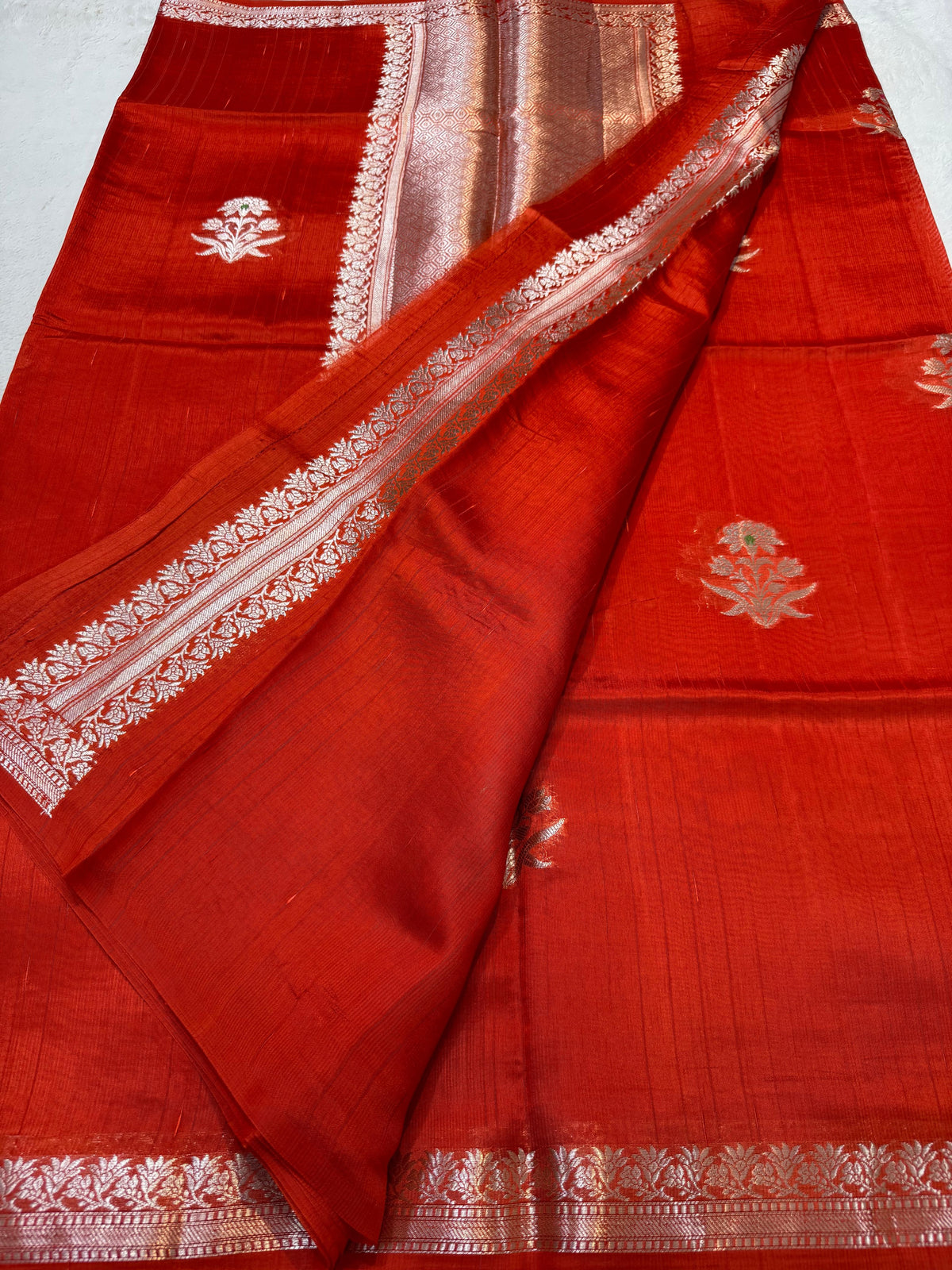 Red Pure Mulberry Silk Zari Woven Buta With Resham Meena Banarasi Saree