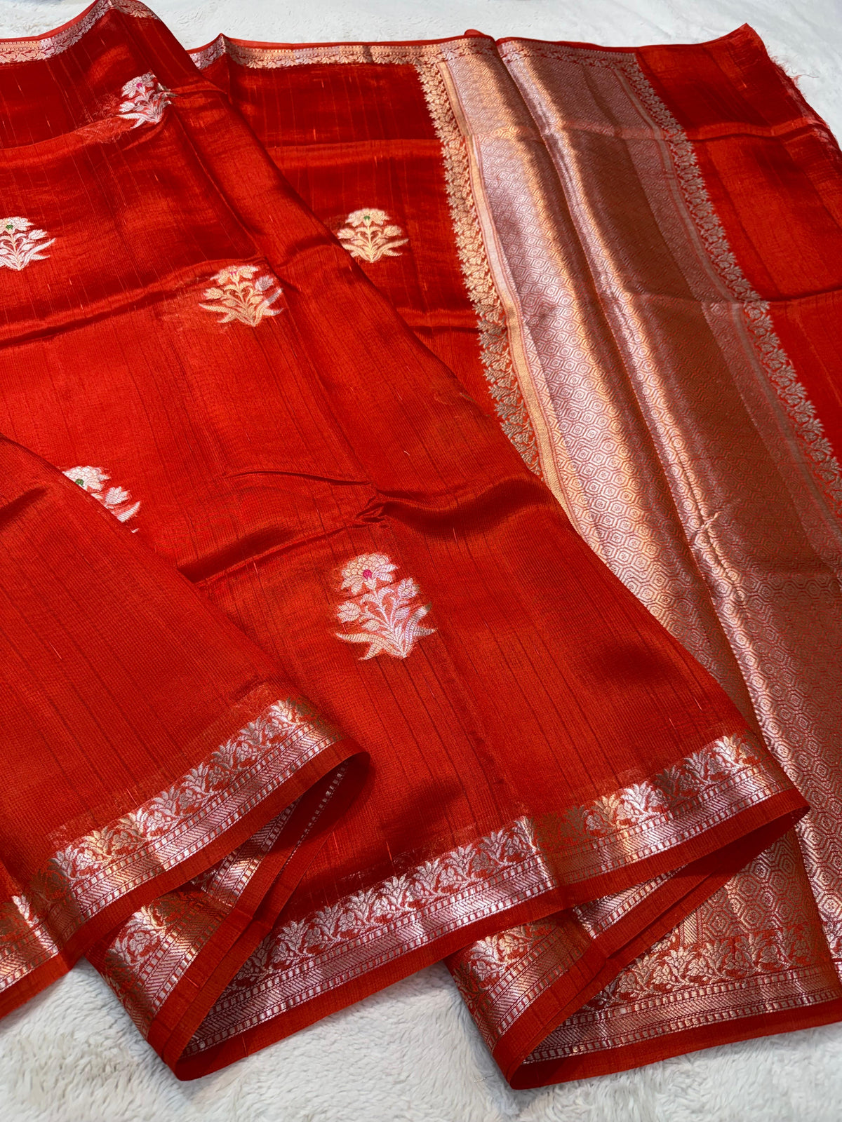 Red Pure Mulberry Silk Zari Woven Buta With Resham Meena Banarasi Saree