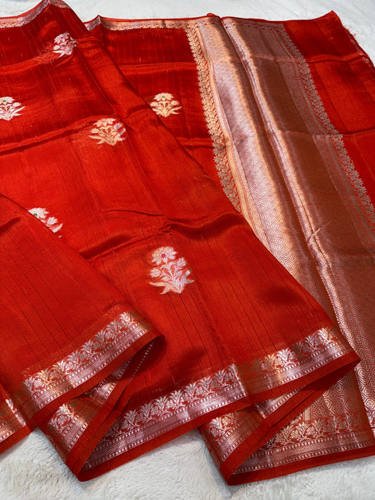 Red Pure Mulberry Silk Zari Woven Buta With Resham Meena Banarasi Saree