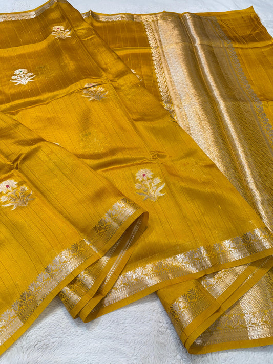 Gold Pure Mulberry Silk Zari Woven Buta With Resham Meena Banarasi Saree
