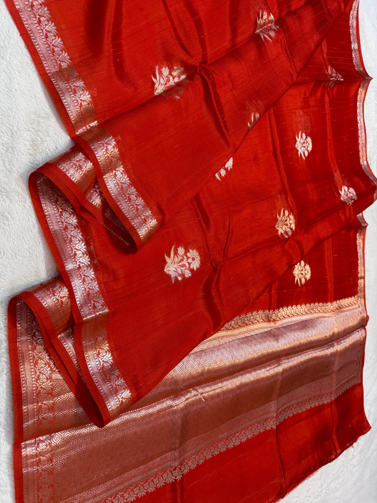 Red Pure Mulberry Silk Zari Woven Buta With Resham Meena Banarasi Saree