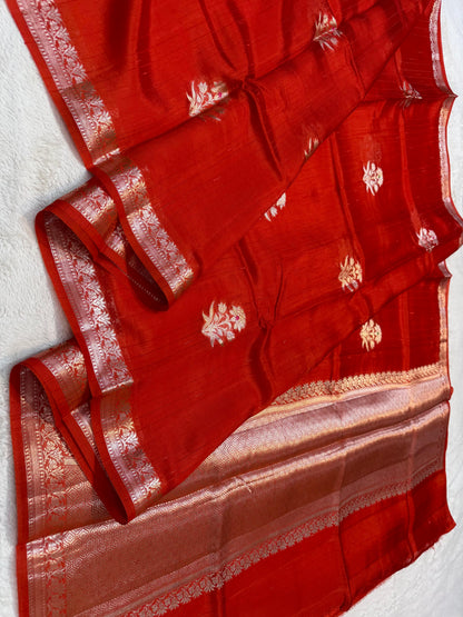 Red Pure Mulberry Silk Zari Woven Buta With Resham Meena Banarasi Saree