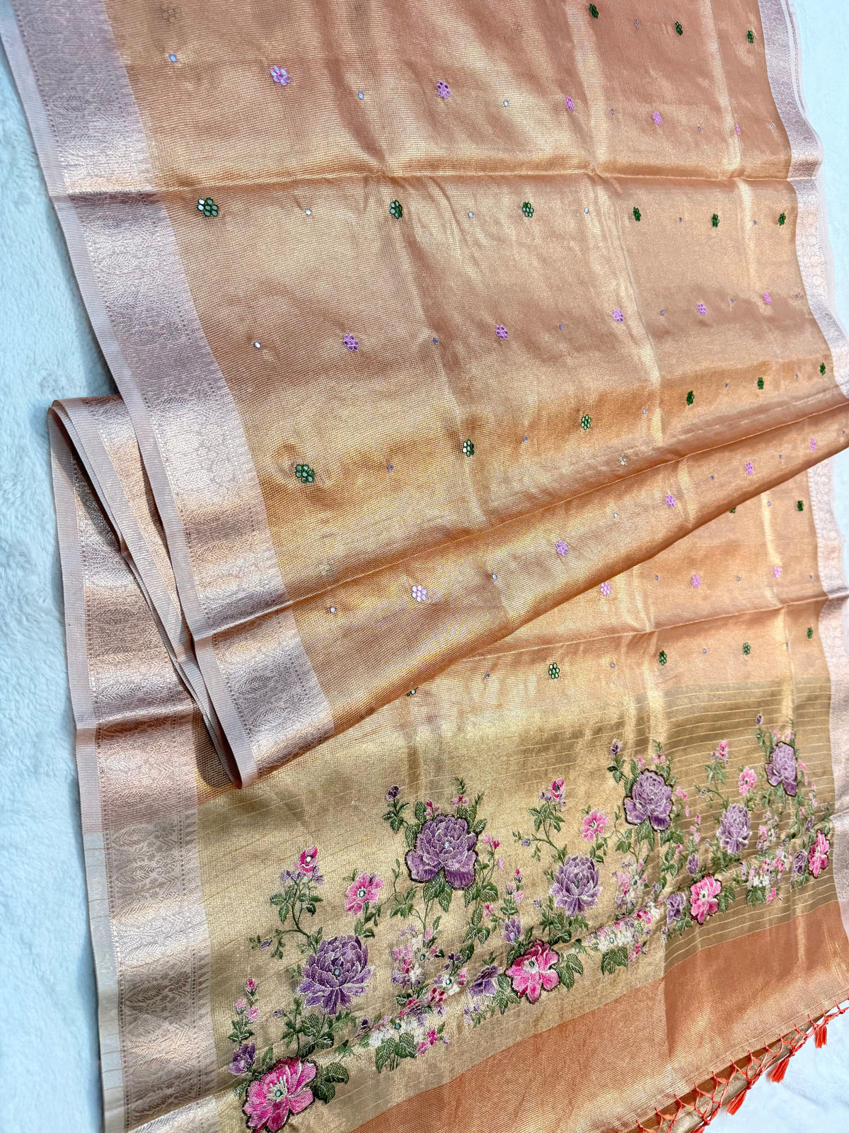 Peach Tissue Kota Embroidery Handwork Premium Banarasi Saree