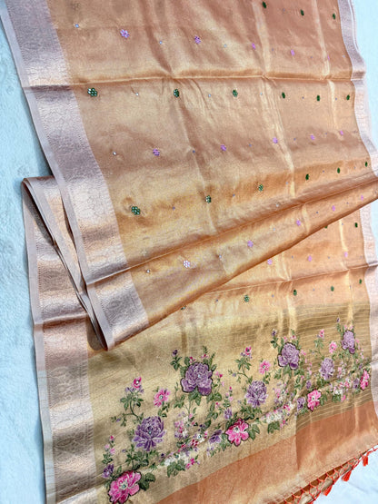 Peach Tissue Kota Embroidery Handwork Premium Banarasi Saree