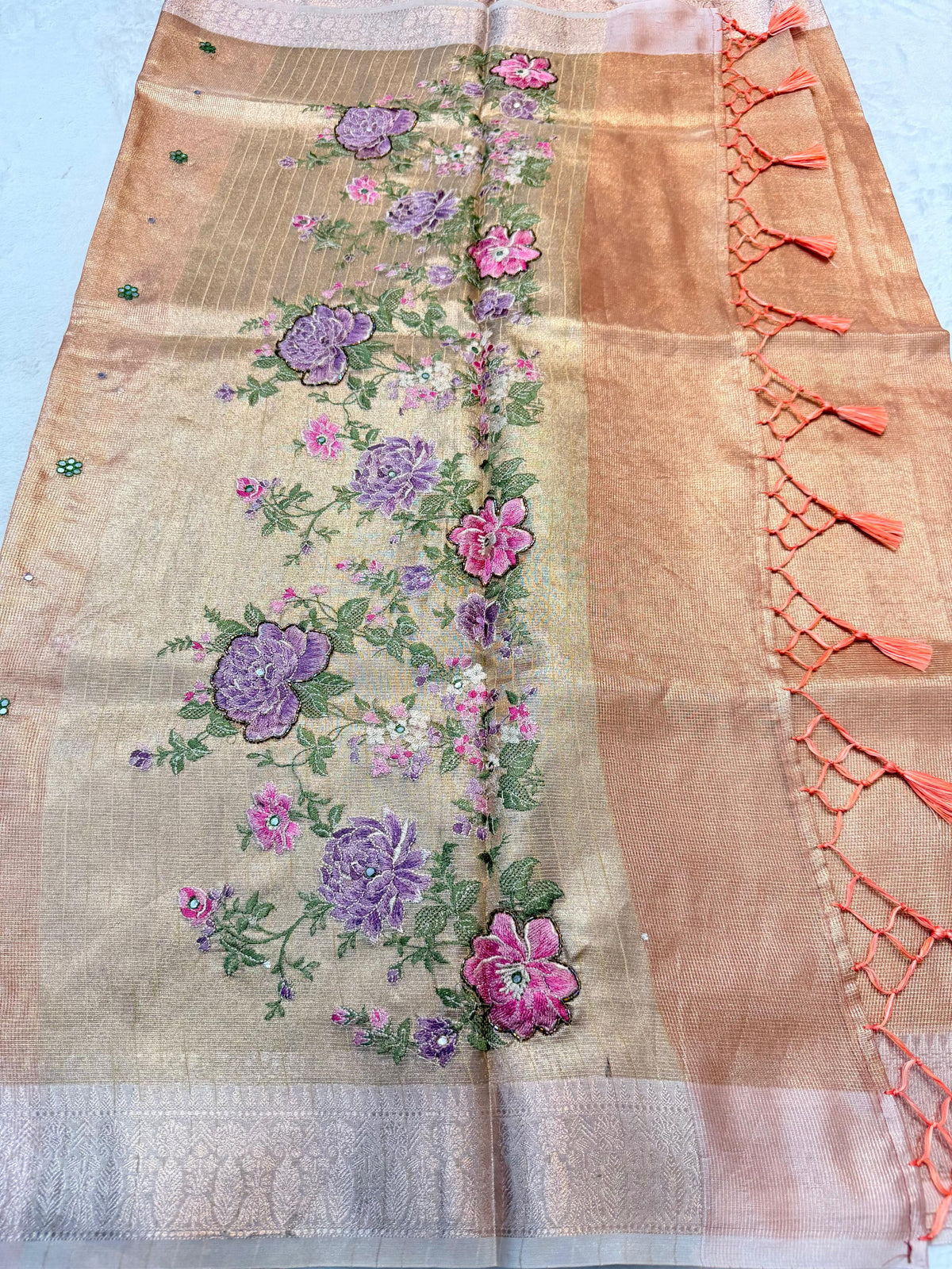 Peach Tissue Kota Embroidery Handwork Premium Banarasi Saree