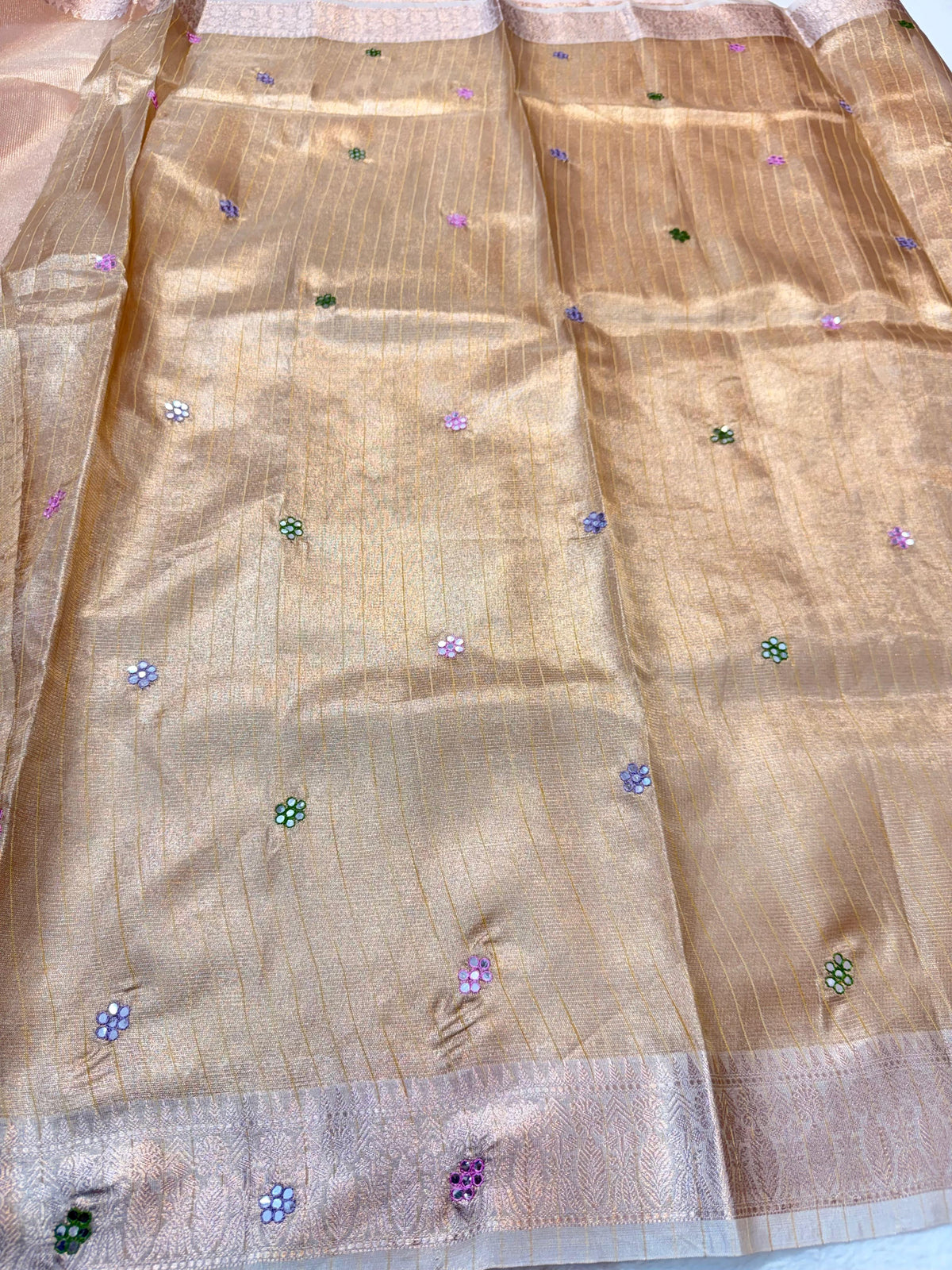 Peach Tissue Kota Embroidery Handwork Premium Banarasi Saree