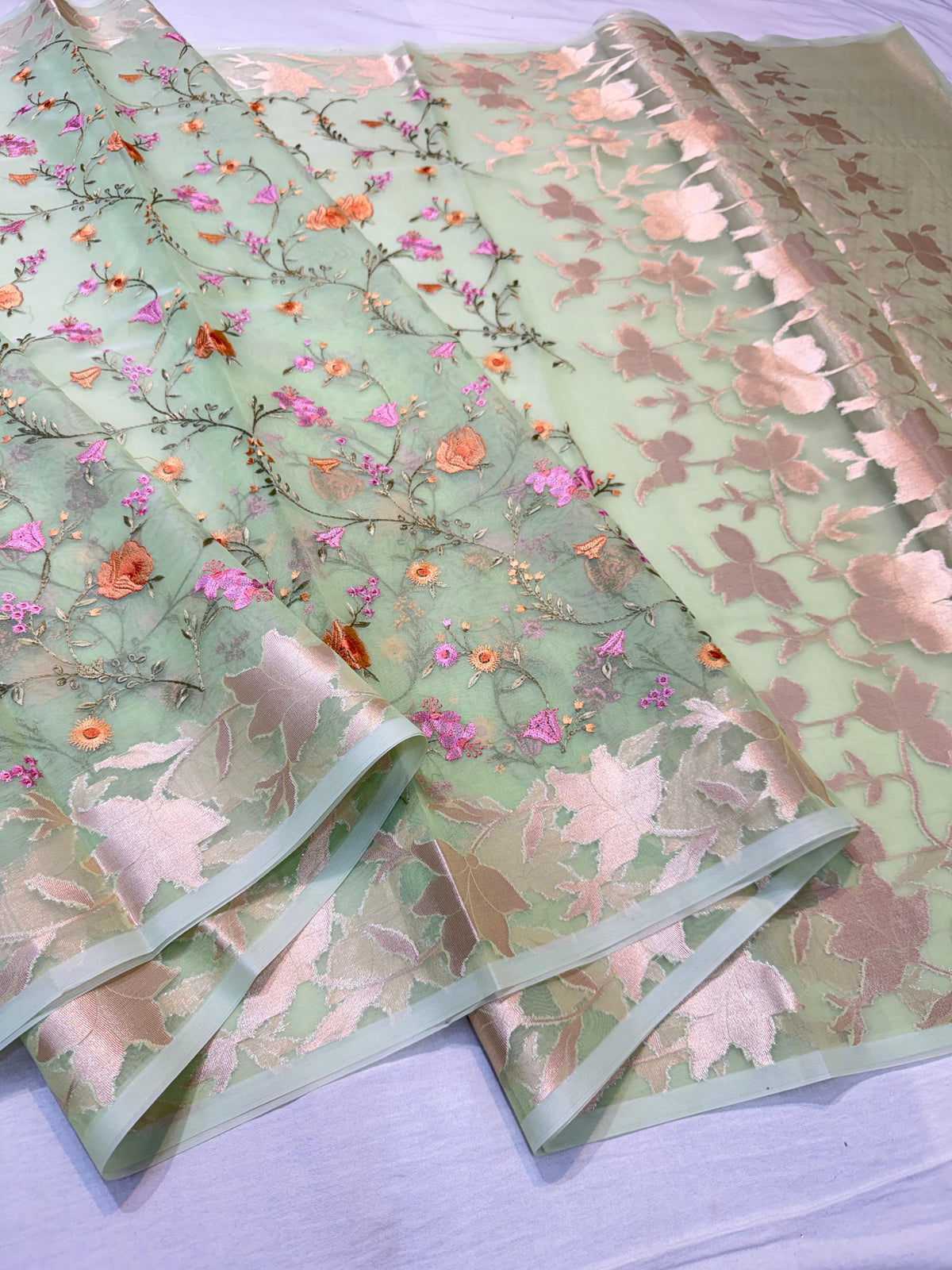 Green Kora Organza Designer Embroidery Premium Banarasi Saree