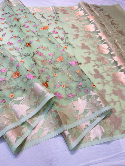 Green Kora Organza Designer Embroidery Premium Banarasi Saree