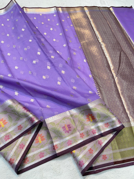 Lovender Cotton Kota Paithani Border Premium Banarasi Saree