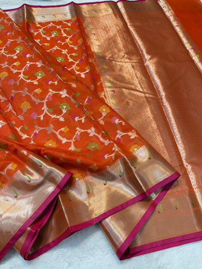 Orange Cotton Kota Paithani Border Premium Banarasi Saree